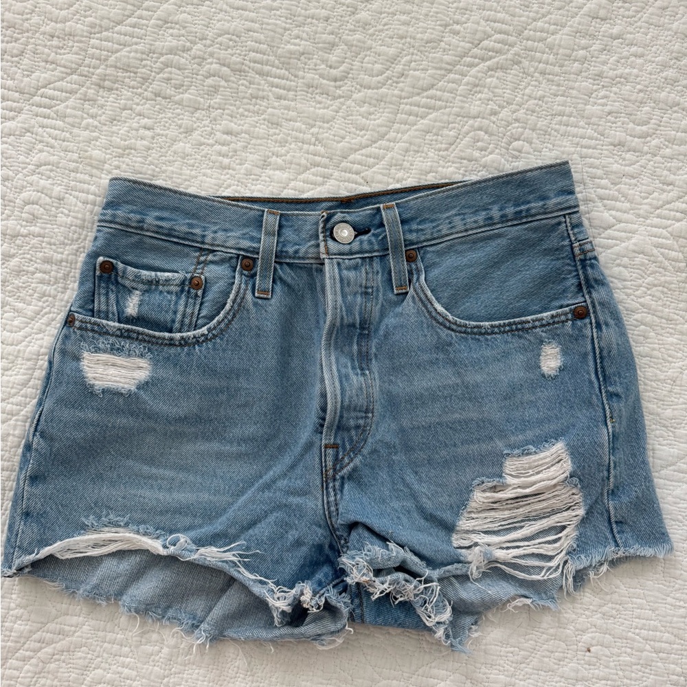 LEVI Light Blue Ripped Jean Shorts